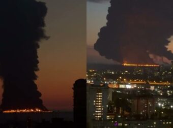 Επίθεση σε πλοίο που μετέφερε πετρέλαιο σε λιμάνι της Ρωσίας – Συγκλονιστικά βίντεο από τους καπνούς που σκέπασαν την πόλη (video)